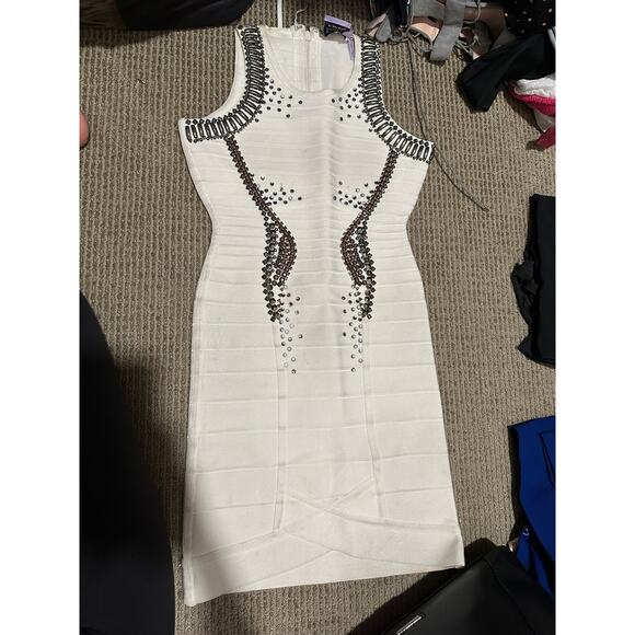 Herve Leger Dress White Suriya Alabaster Silver Beaded XS NWT - Picture 2 of 10